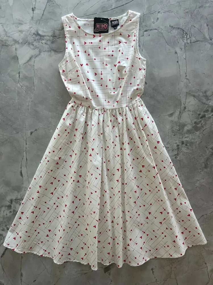 Be mine white heart print 1950s cotton midi dress with a fitted bodice flared skirt and red heart grid pattern