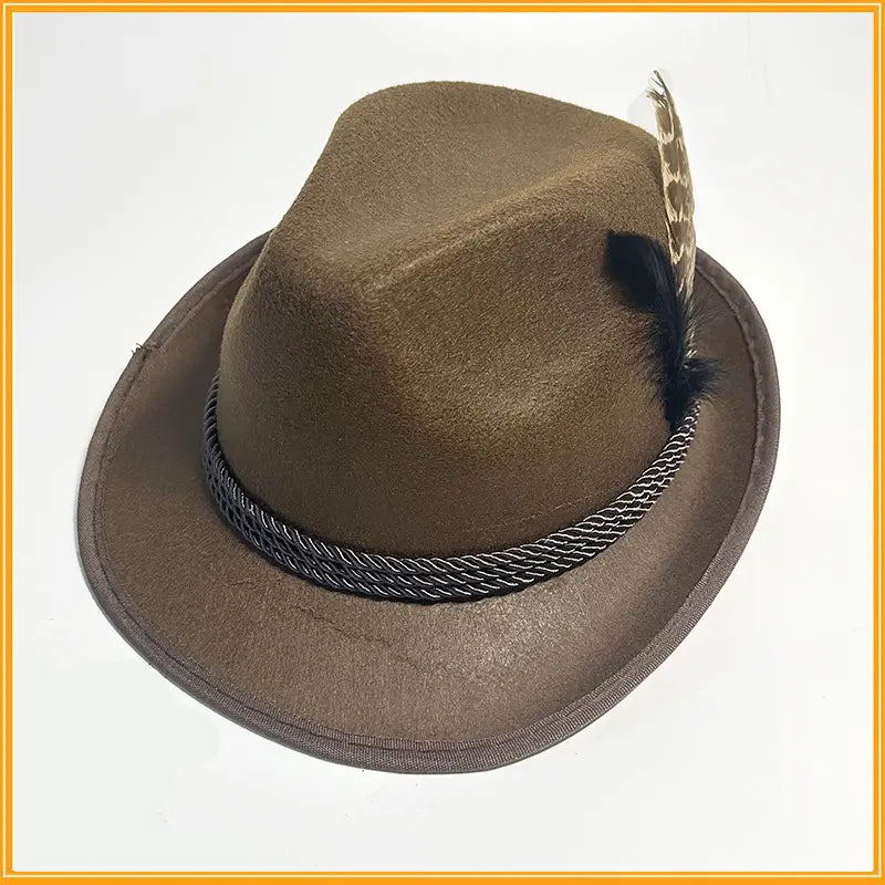 Brown felt fedora hat with black and silver braided band and feather accent made of wool for men jazz cap style.