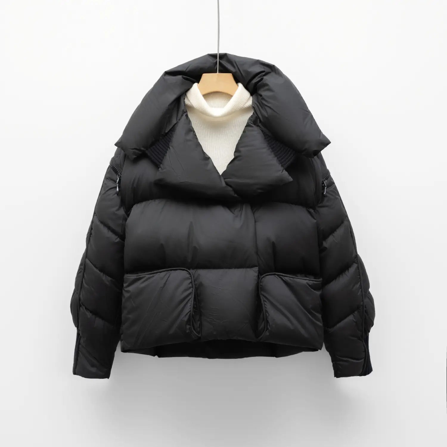 Black down jacket patchwork large lapel Korean style puffer jacket with quilted design and two front pockets.