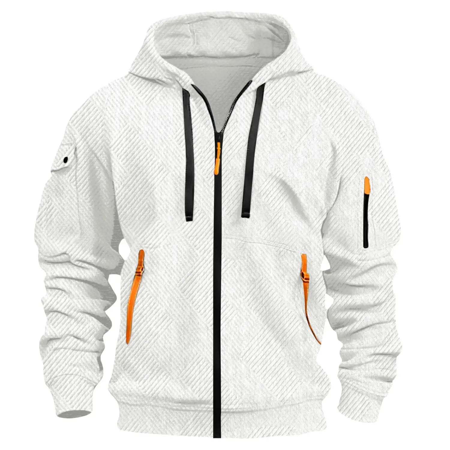 Men’s textured sporty white zip-up hoodie with subtle diagonal texture black zipper and drawstrings accented by bright orange pulls on front pockets and sleeve cuffs.