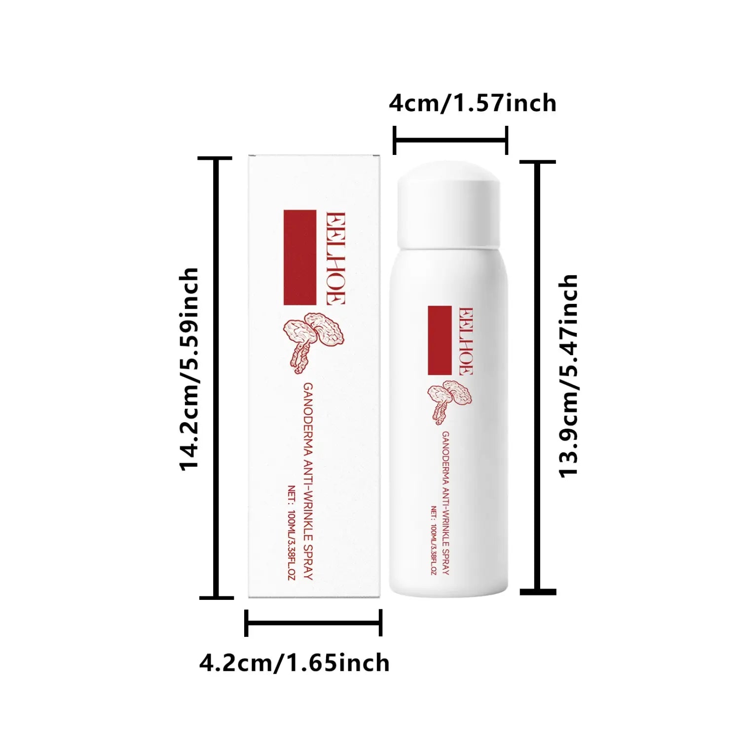 Weißer zylindrischer Kanister des Feihoe-Ganoderma Anti-Falten-Sprays mit passendem weißem Deckel und rotem rechteckigem Etikett mit Pilzillustrationen für festigende Lotion, 100 ml.