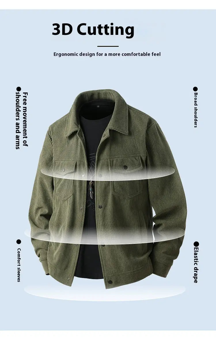 Herren-Cordjacke in Olivgrün im Casual-Stil mit klassischem Kragen und vorderseitigen Knopftaschen.