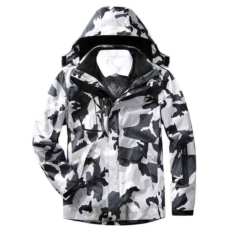 men three-in-one waterproof winter sportswear jacket featuring a black and white camouflage pattern with a hood and waterproof material