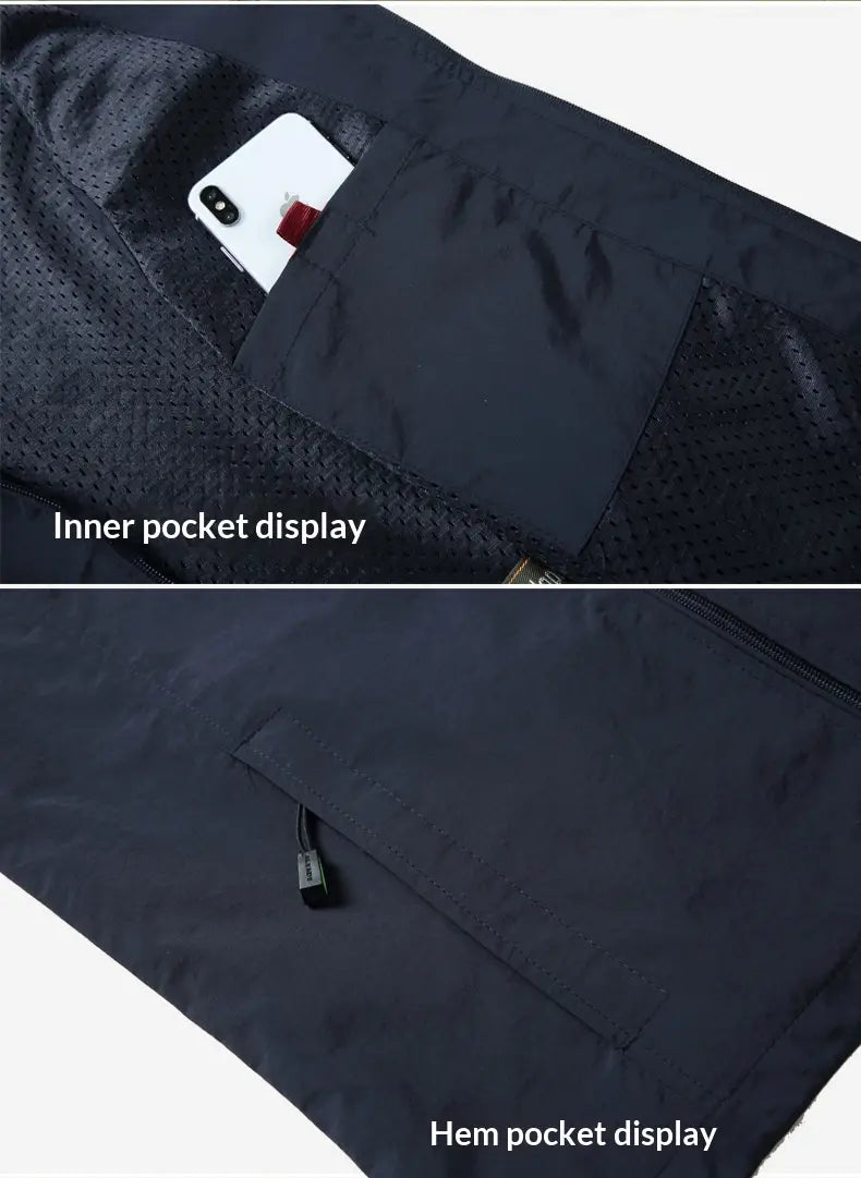 Men multi pocket fishing vest in dark navy blue mesh lining with solid fabric inner and hem pockets featuring subtle stitching details.