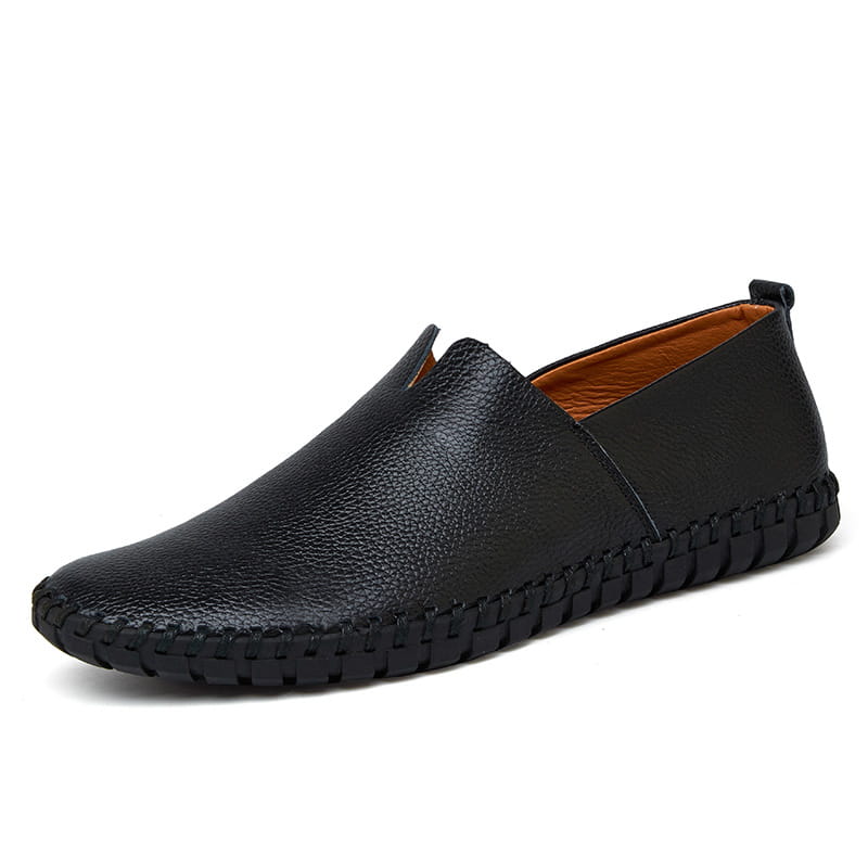 Men’s breathable navy blue perforated leather driving loafers with brown stitched sole and lining in large sizes.