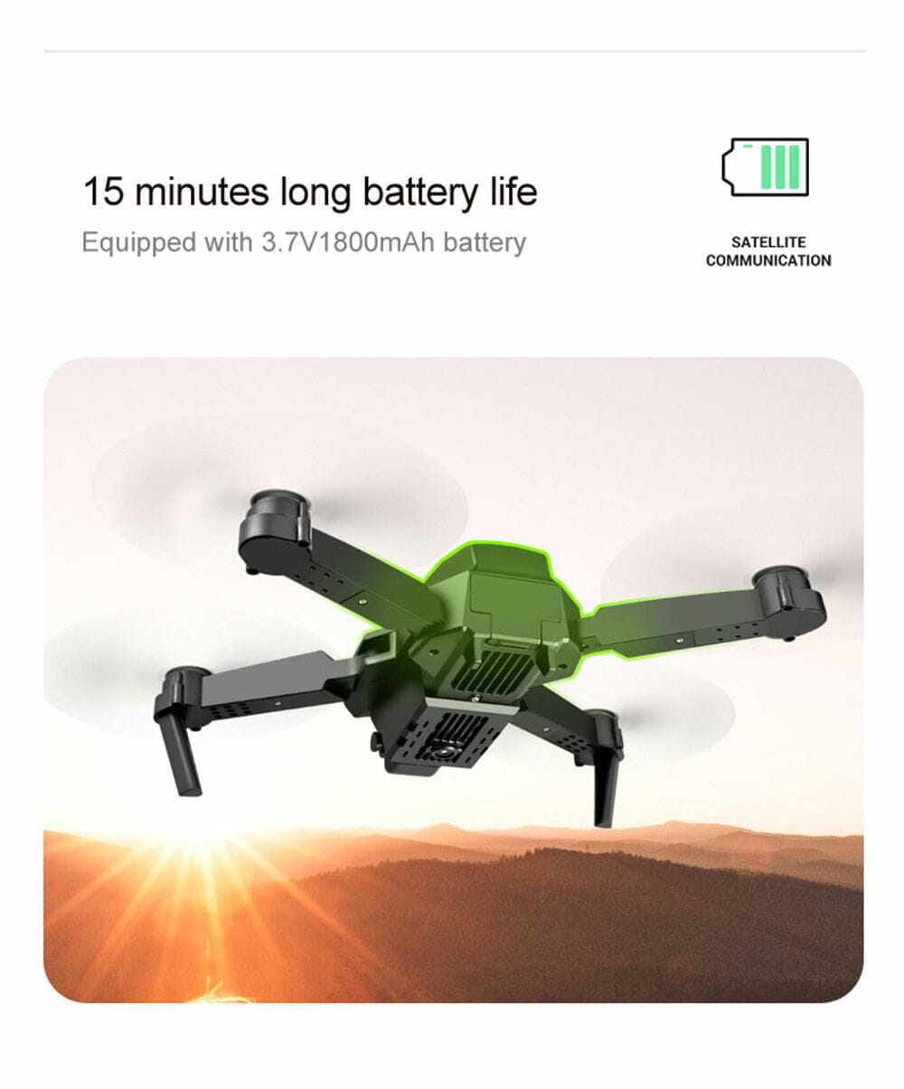 Green and black E88 Pro 4k dual camera foldable fpv quadcopter drone with satellite communication capability shown from the back side.