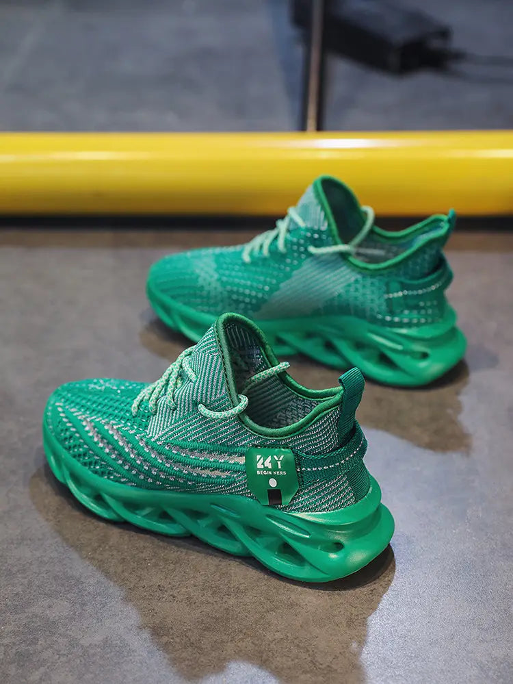 Vibrant green flyknit mesh platform running shoes for men featuring a chunky translucent sole and subtle silver accents.