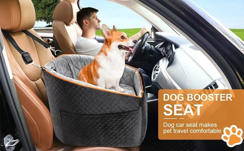 Gray quilted dog booster seat with tan trim made of memory sponge designed for comfortable elevated pet car travel.