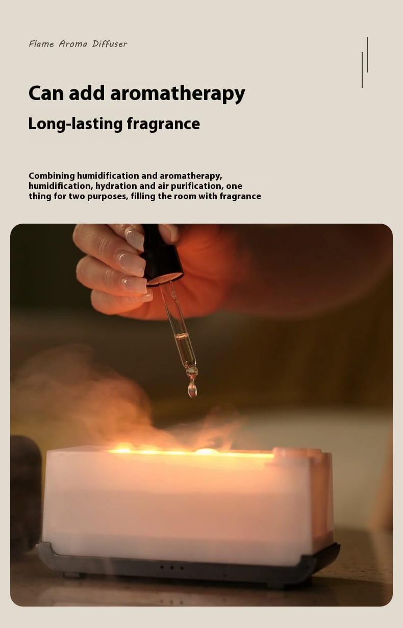 White rectangular flame diffuser humidifier with jellyfish mist effect featuring a glowing base and mist rising from its top