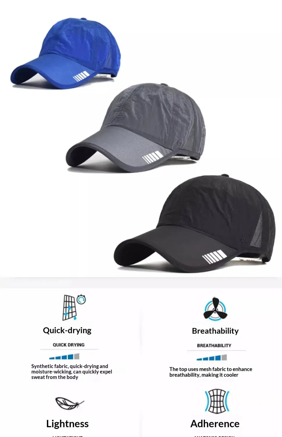 Quick-drying running hats in blue, gray, and black made of synthetic fabric with mesh panels for breathability designed for sports and sun protection.