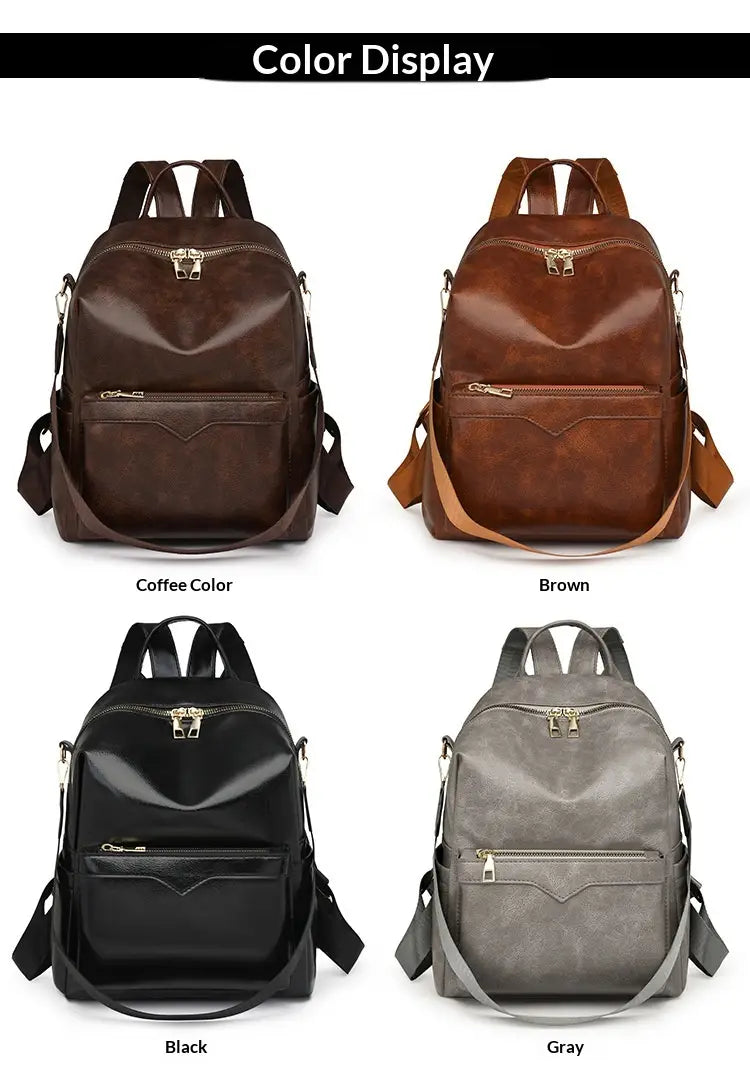 A sleek minimalist faux leather women’s large capacity commuter backpack with a matte finish and adjustable straps available in coffee brown black or gray.