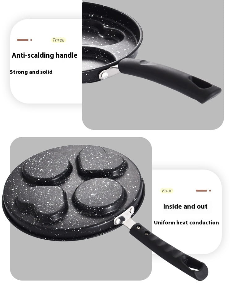Black speckled non-stick pancake pan 25cm made of medical stone with four heart-shaped molds for cooking pancakes.