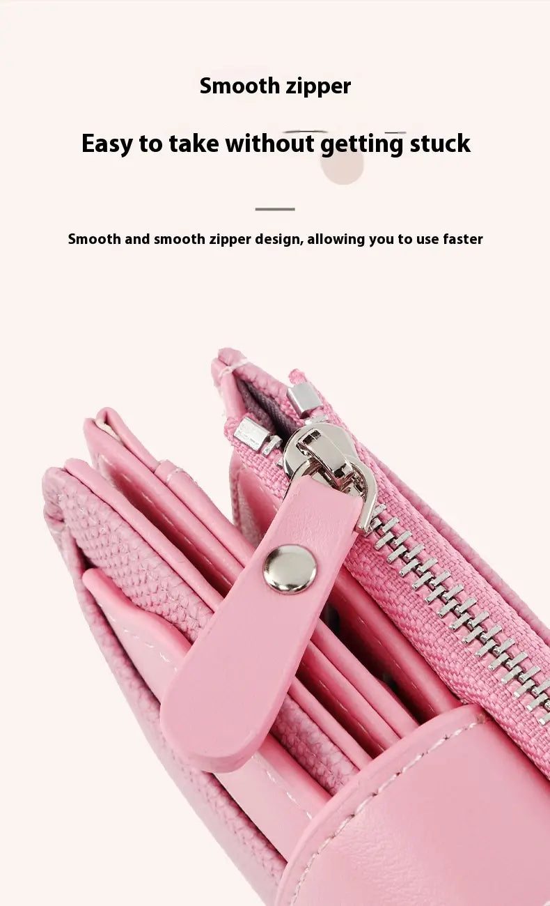 pink leather women’s short woven textured wallet with smooth silver zipper and matching pink pull tab