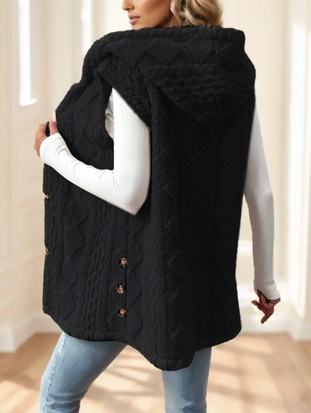 Damen-Strickfleece-Weste mit Kapuze in Schwarz mit gemütlichem, strukturiertem Stoff und passenden Knöpfen.