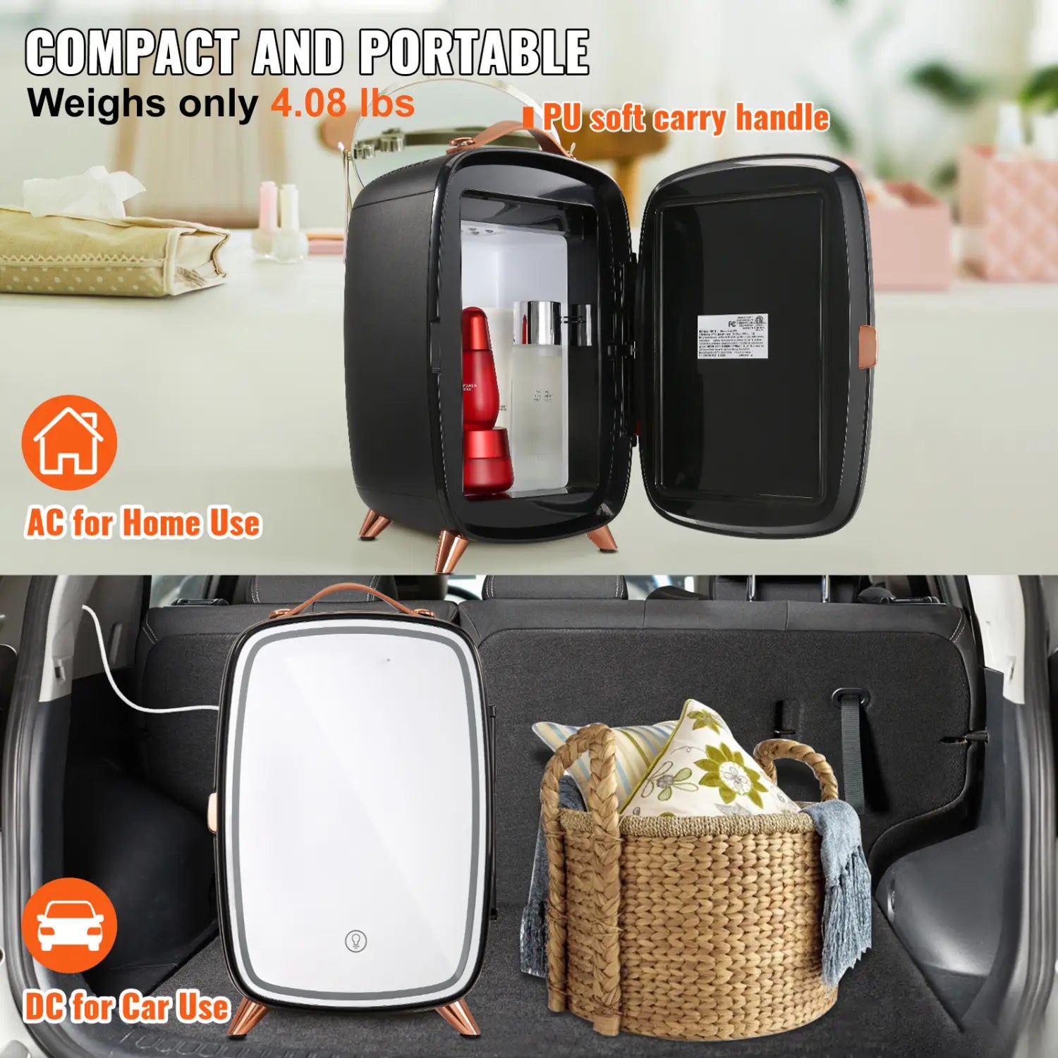 Réfrigérateur Vevor 6 l pour soins de la peau noir avec miroir à LED, accents or rose, poignée de transport souple en PU et pieds de couleur cuivre, conçu pour une utilisation à domicile et en voiture.