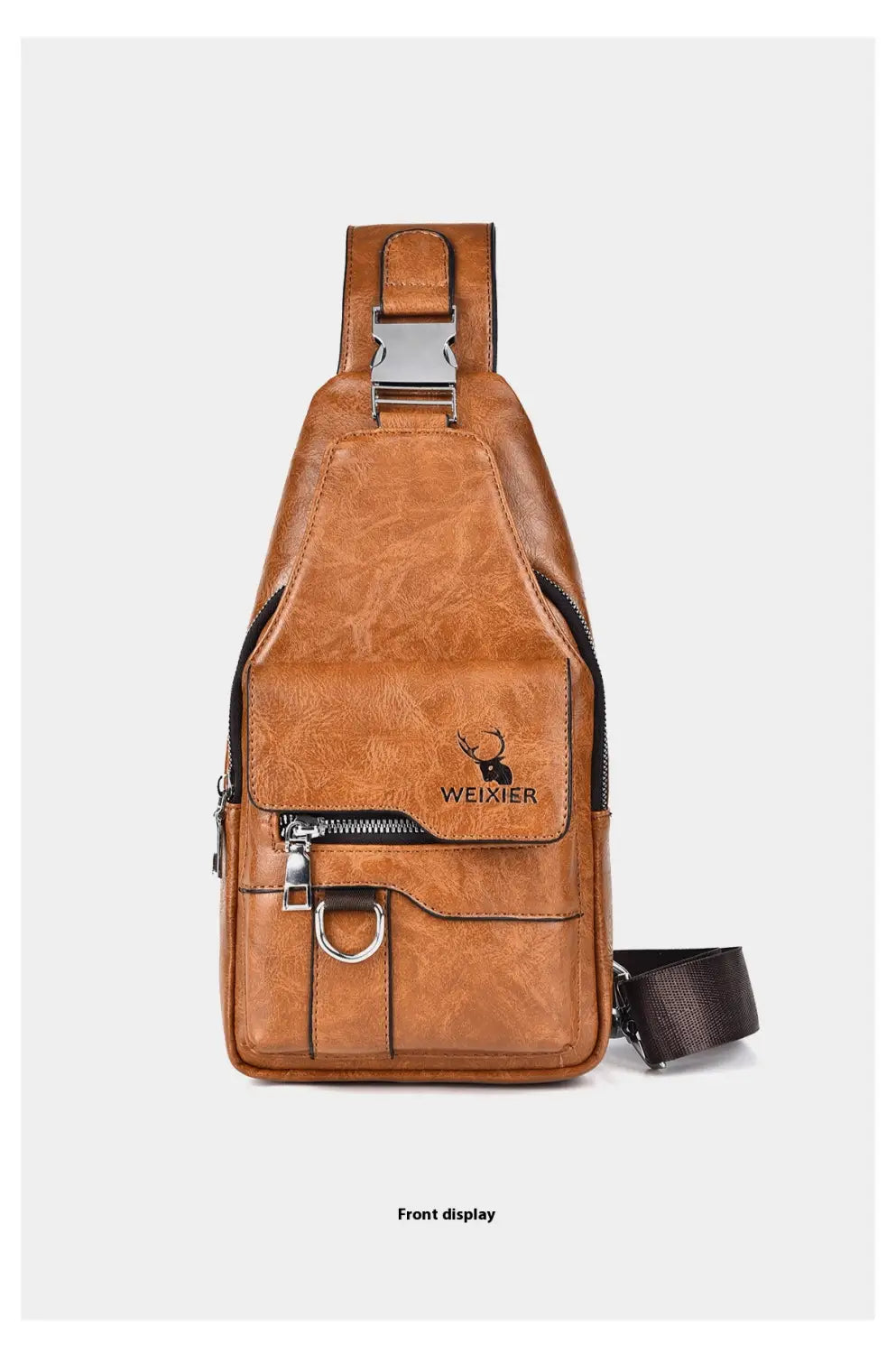Men’s retro waterproof faux leather tan crossbody chest bag with silver-toned buckle and zipper hardware featuring the weixier brand logo on the front flap.