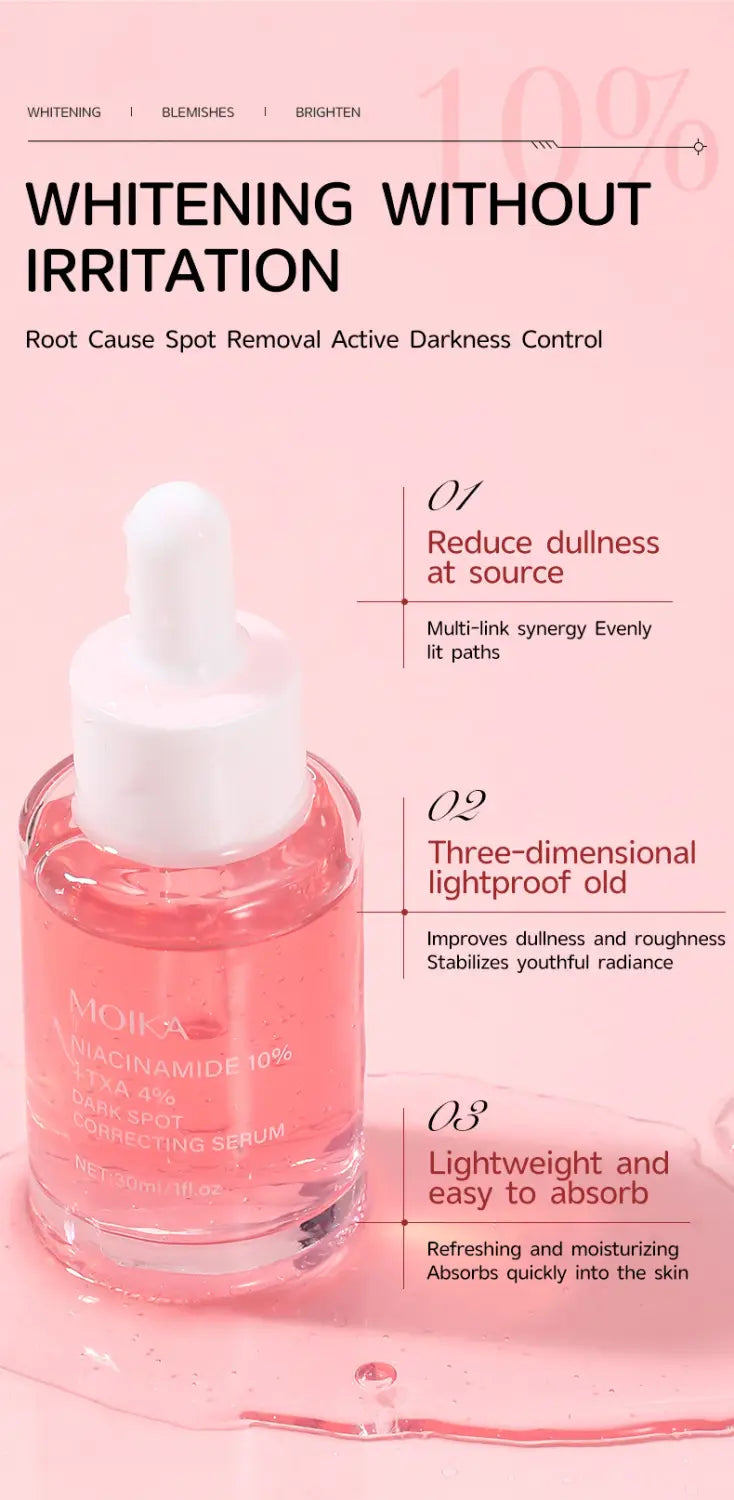 A clear glass bottle with a white dropper cap contains pink niacinamide 10 percent txa 4 percent dark spot correcting serum labeled moika glucamamide 10 percent brightening serum.
