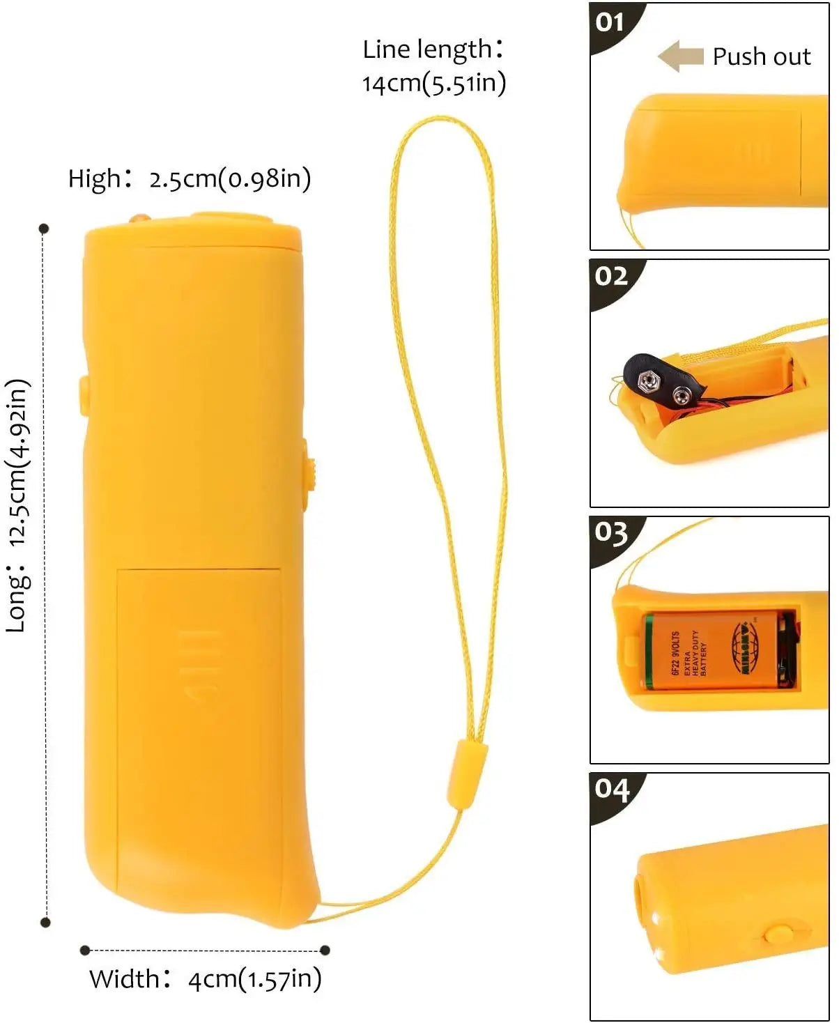 Bright yellow plastic ultrasonic dog repeller and 3 in 1 training device with a matching wrist strap for effective dog training.