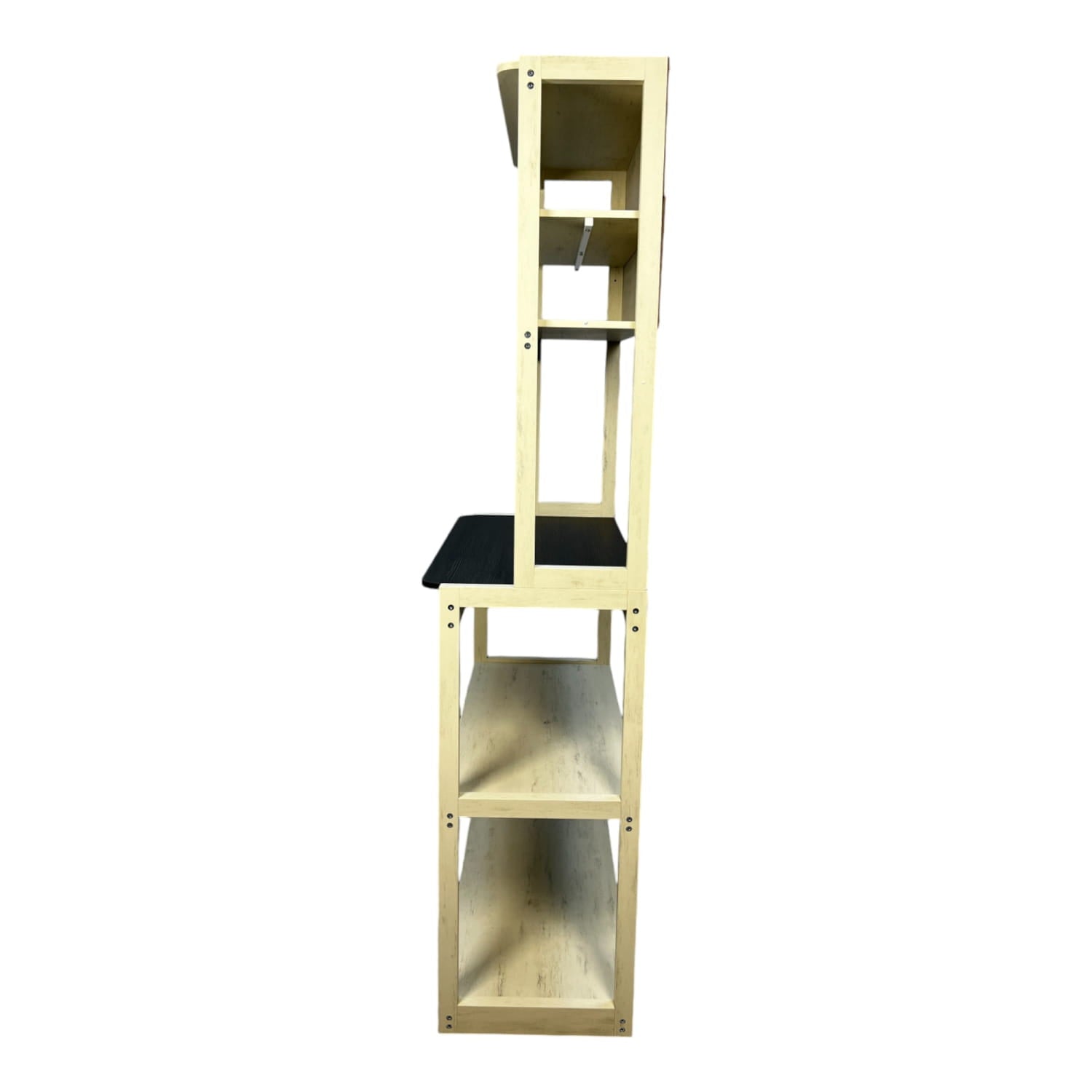 Light wood-finished 5-tier kitchen baker’s rack microwave stand with black seat featuring multi-tiered storage in white and black.