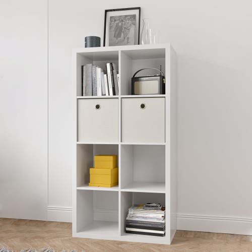 meuble de rangement en cubes blancs, finition blanche, avec deux tiroirs et des compartiments ouverts, idéal pour organiser la maison et le bureau.