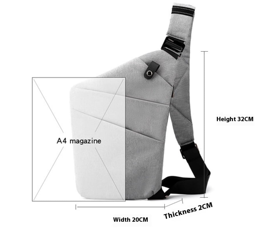 Graue Nylon-Umhängetasche mit strukturierter Oberfläche, schwarzen Trägern, verstellbarer Schnalle und einer Anti-Strahlungs-Auskleidung, ausgelegt zum Tragen einer A4-Zeitschrift.