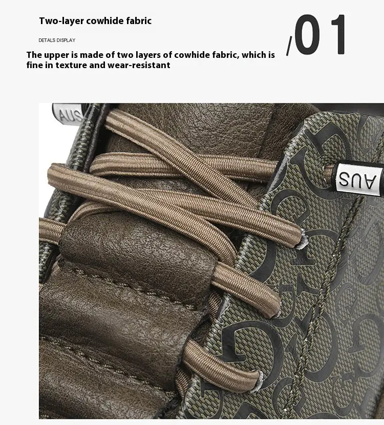 Baskets en cuir pour hommes avec semelle épaisse, présentant un tissu en cuir de vache olive vert à deux couches et des lacets tan, avec un motif discret pour un usage décontracté.