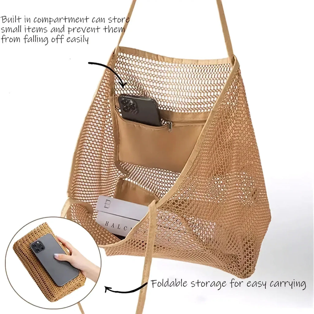 Beige mesh beach tote bag with built-in zippered compartment and foldable lightweight shoulder design