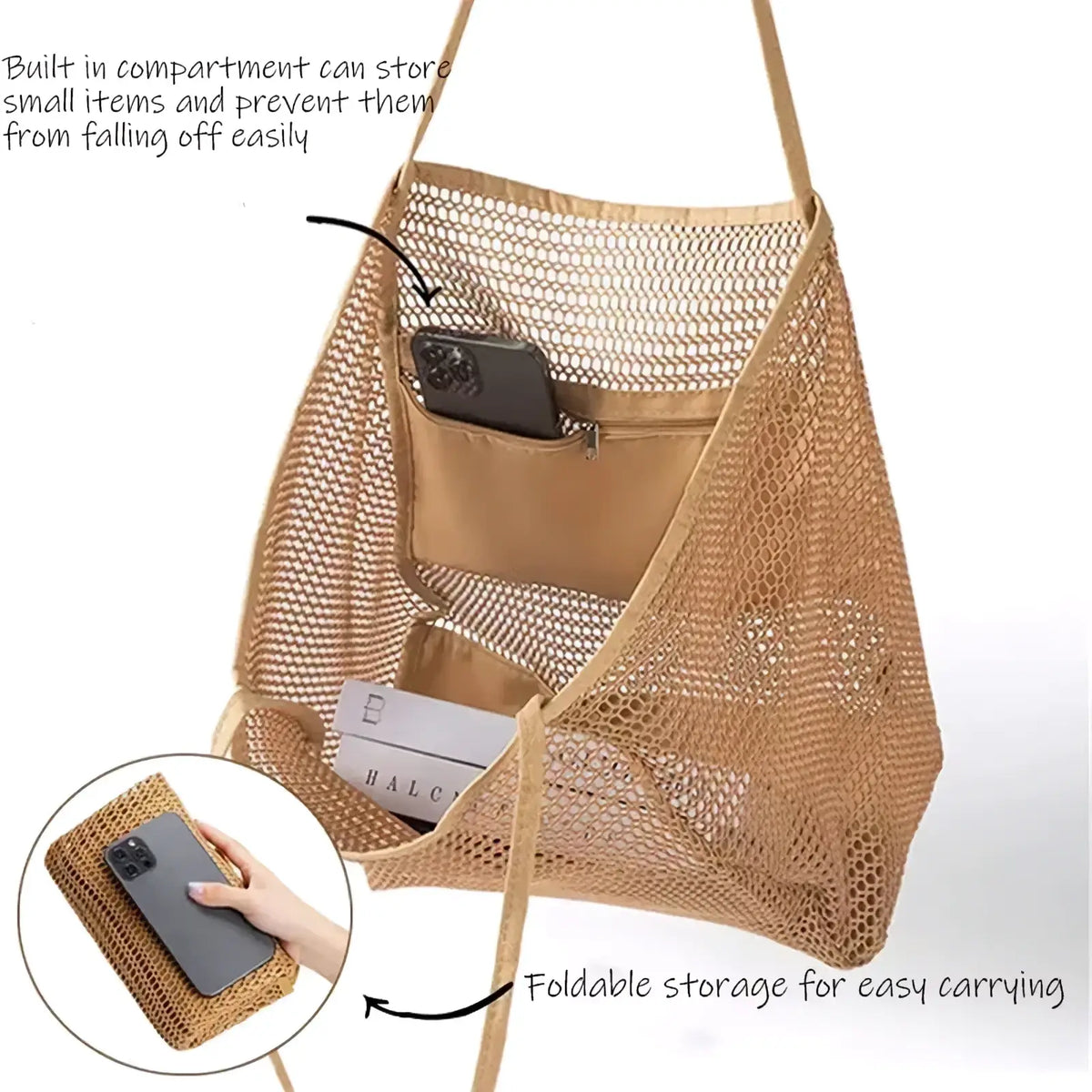 Beige mesh beach tote bag with built-in zippered compartment and foldable lightweight shoulder design