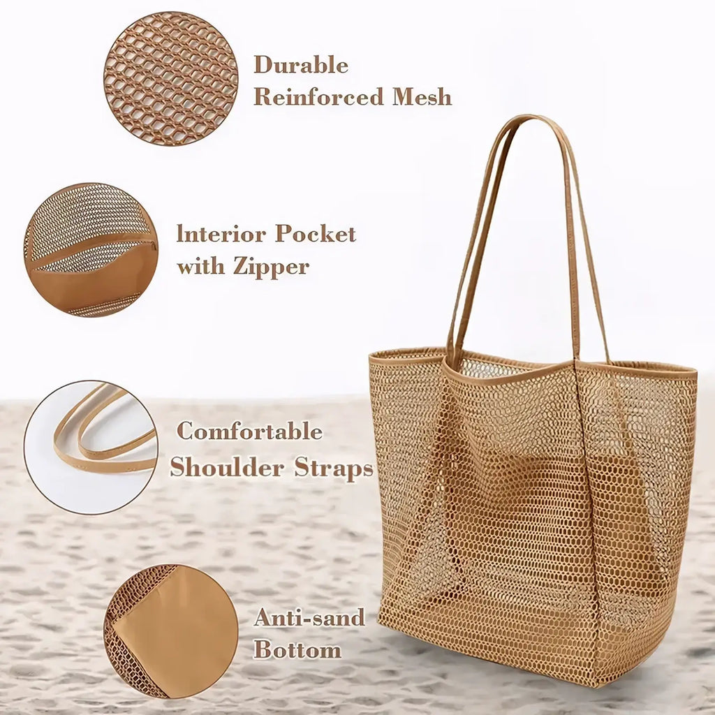 Beige mesh tote bag large lightweight shoulder bag with reinforced woven design and adjustable shoulder straps
