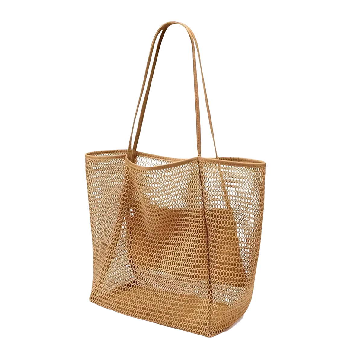 Beige woven mesh beach tote bag with slender handles large lightweight shoulder bag for casual use
