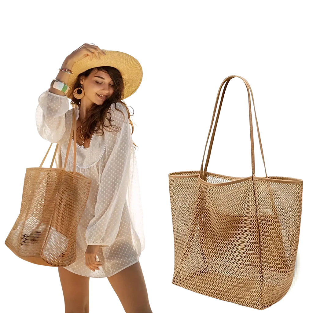 Beige woven mesh beach tote bag with long handles and spacious open top for lightweight shoulder carrying