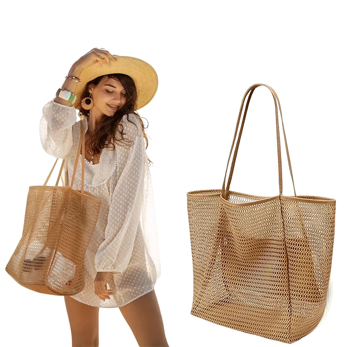 Beige woven mesh beach tote bag with long handles and spacious open top for lightweight shoulder carrying