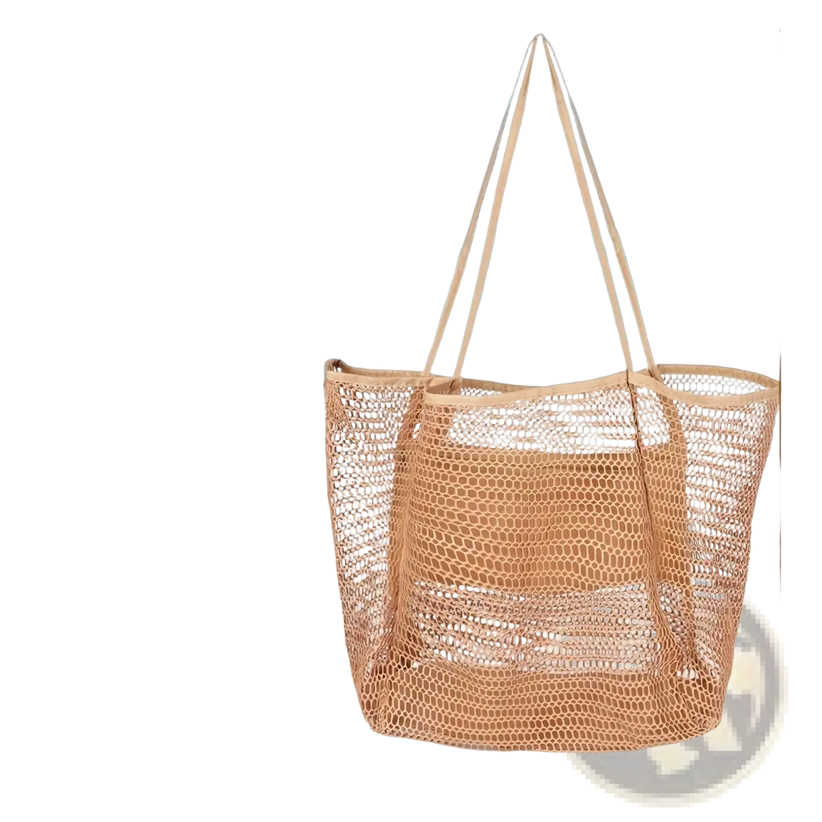 Beige woven mesh beach tote bag with crocodile skin texture and long handles large lightweight shoulder bag