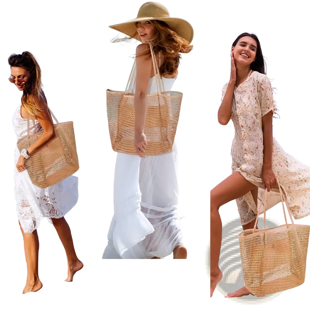 Beige woven straw beach mesh tote bag large lightweight shoulder bag with matching handles for beach use