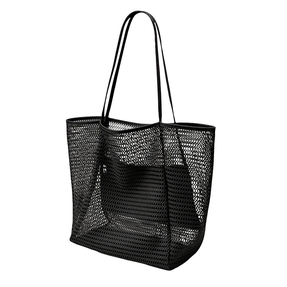 Black mesh beach tote bag with large lightweight design and sleek durable handles for shoulder carrying