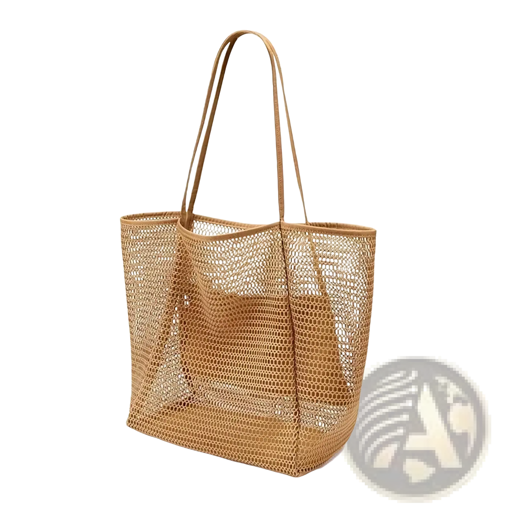 Beige woven mesh beach tote bag with slender handles large lightweight shoulder bag for casual use