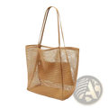 Beige woven mesh beach tote bag with slender handles large lightweight shoulder bag for casual use