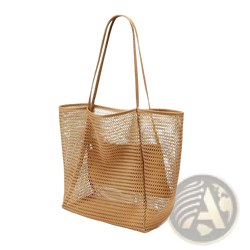 Beige woven mesh beach tote bag with slender handles large lightweight shoulder bag for casual use