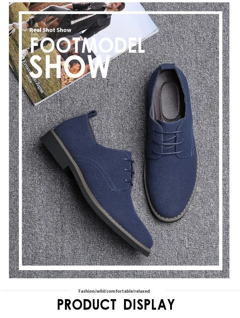 Men’s plus size British style suede casual Oxford shoes in navy blue with lace-up design.