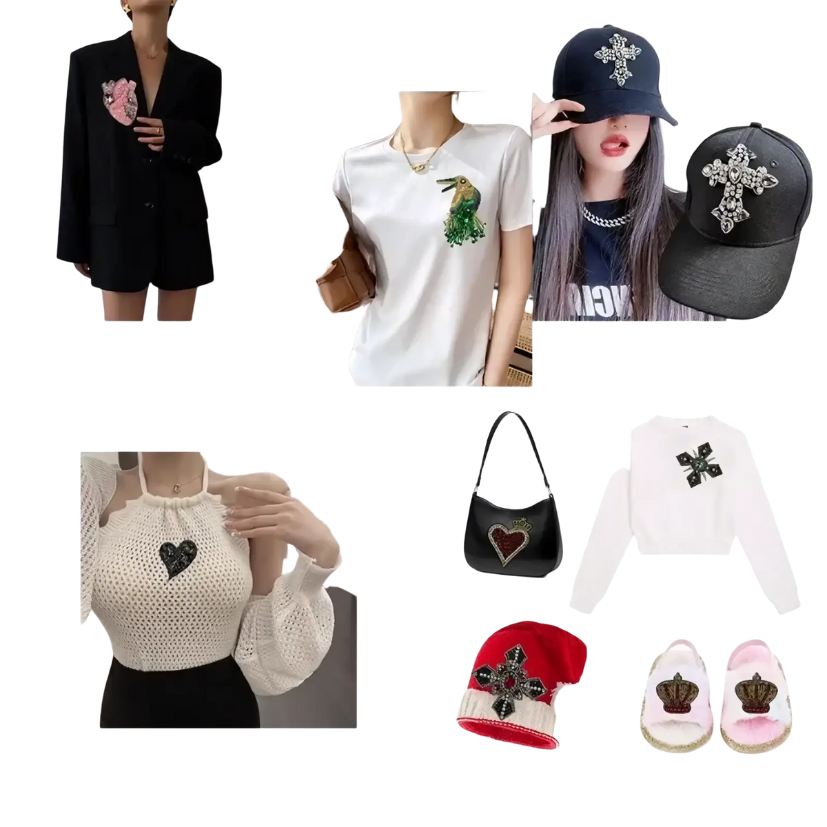 Black baseball cap with a prominent rhinestone cross emblem and a beaded angel wing brooch handbag patch