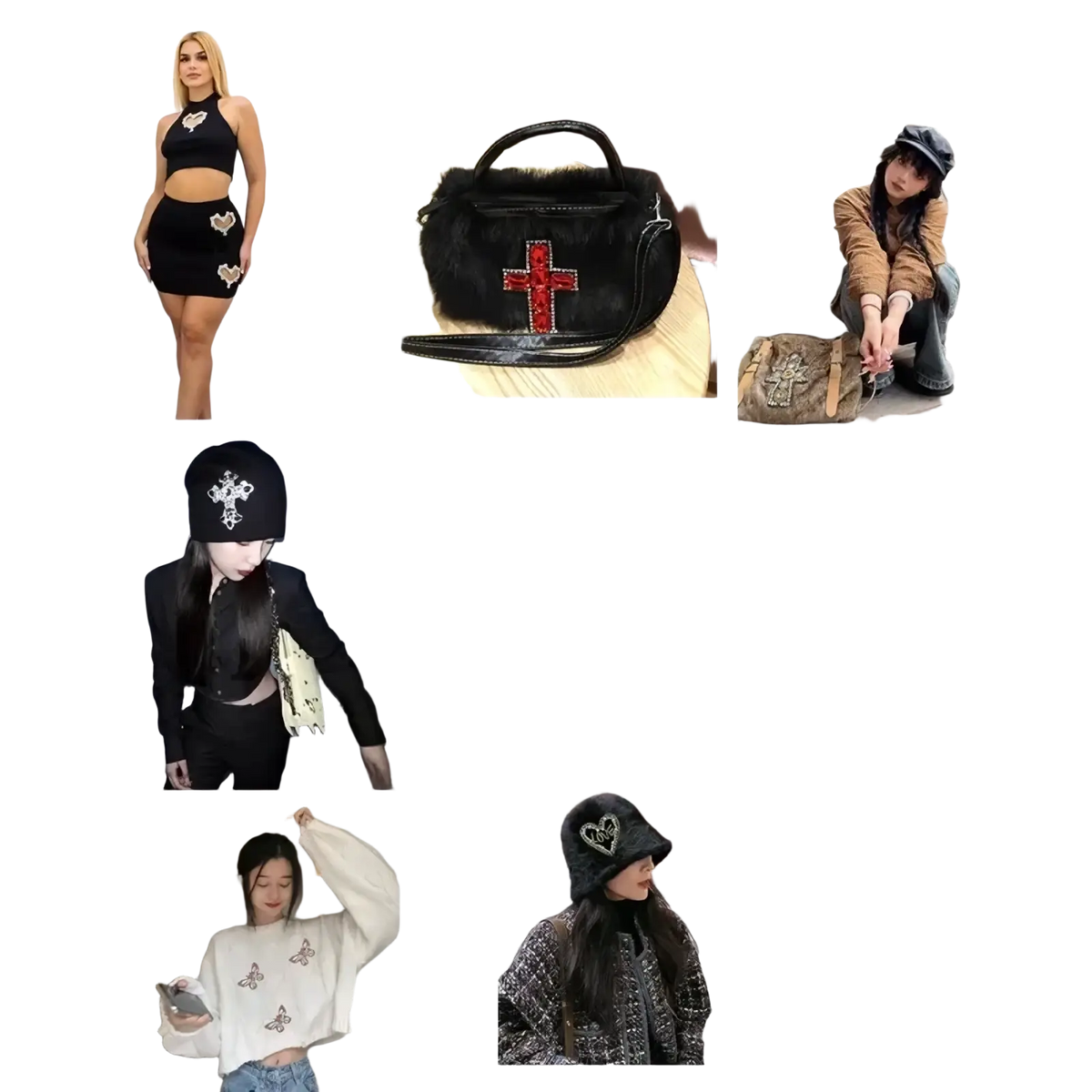 Black fuzzy handbag featuring a red cross beaded angel wing brooch patch for stylish accessory use