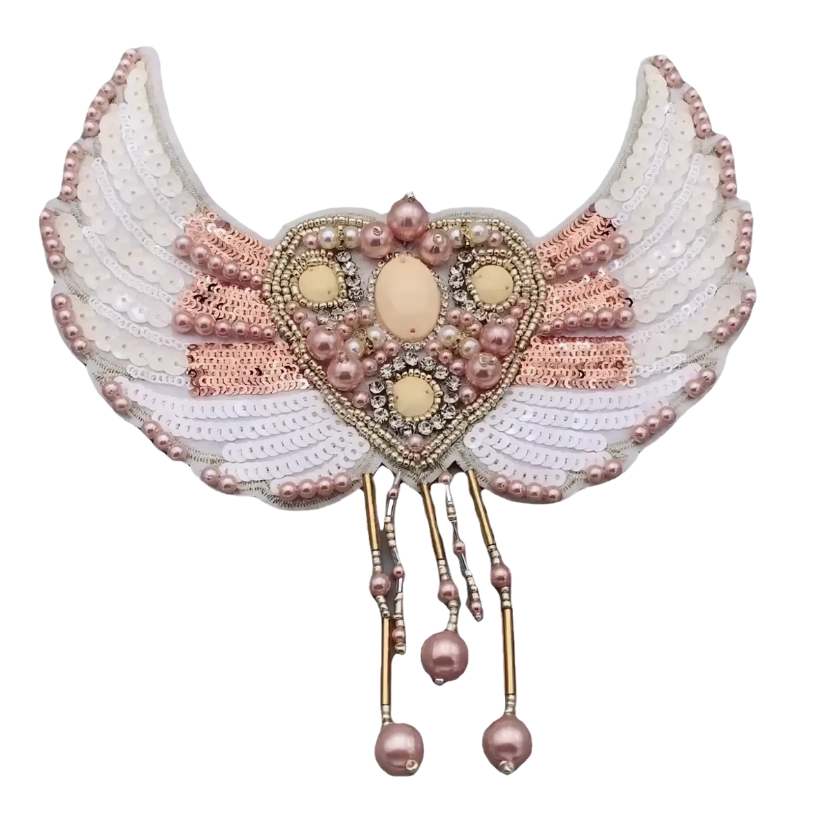 Beaded angel wing brooch handbag patch with white and rose gold sequins pearls and beads forming heart center