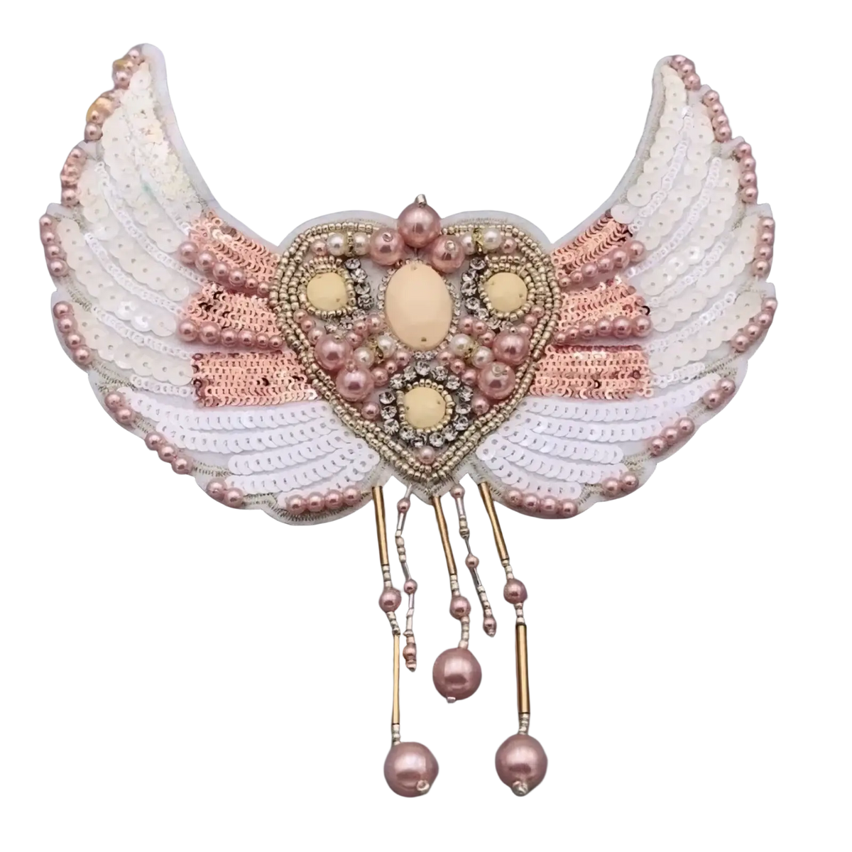 Beaded angel wing brooch handbag patch with heart center decorated with pink cream beads sequins pearls and dangling strands