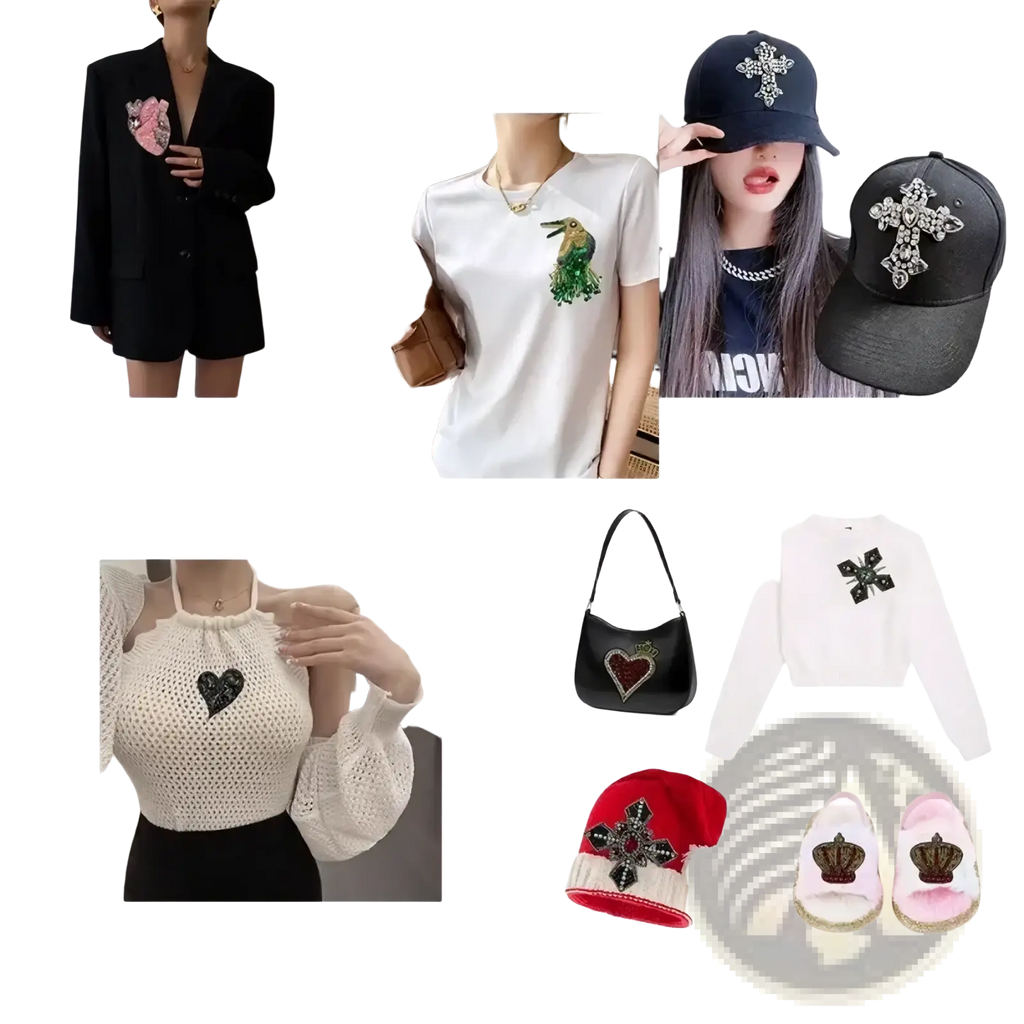 Black baseball cap with a prominent rhinestone cross emblem and a beaded angel wing brooch handbag patch