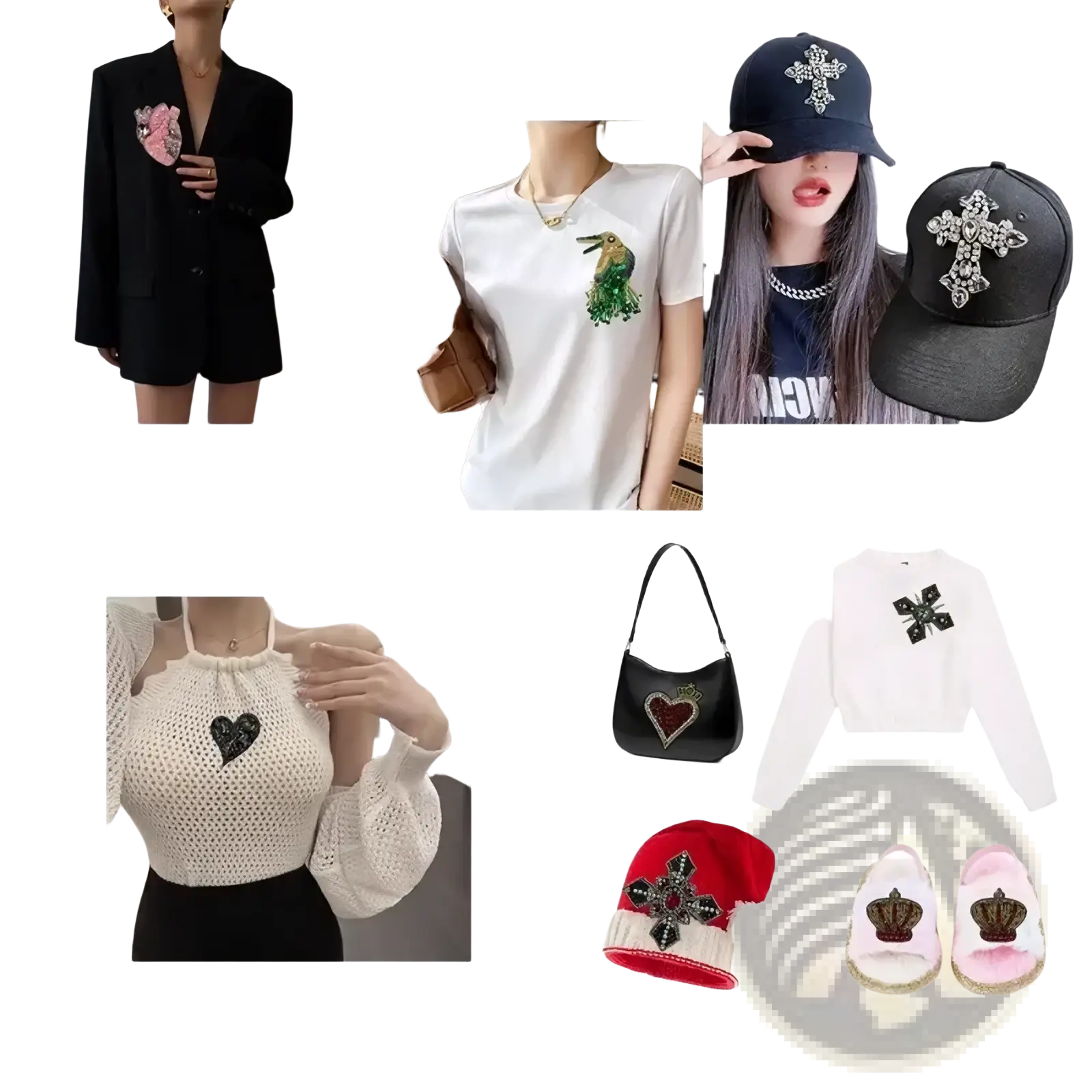 Black baseball cap with a prominent rhinestone cross emblem and a beaded angel wing brooch handbag patch