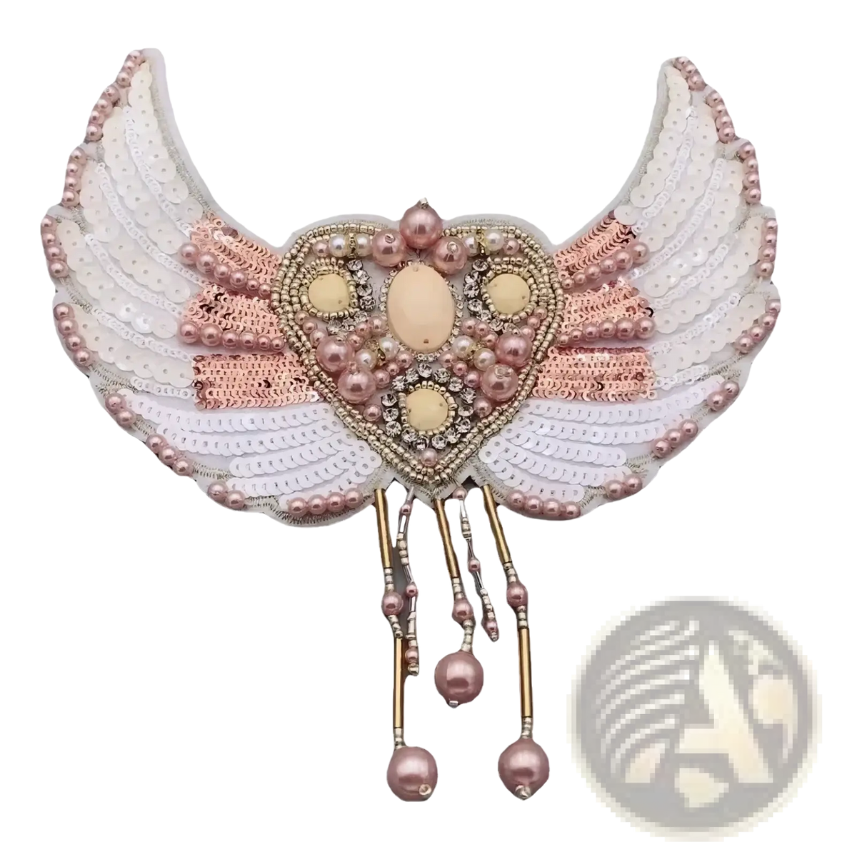 Beaded angel wing brooch handbag patch with white and rose gold sequins pearls and beads forming heart center