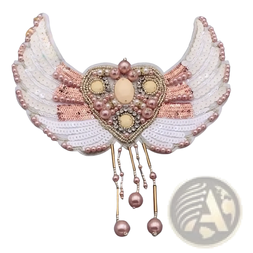 Beaded angel wing brooch handbag patch with heart center decorated with pink cream beads sequins pearls and dangling strands