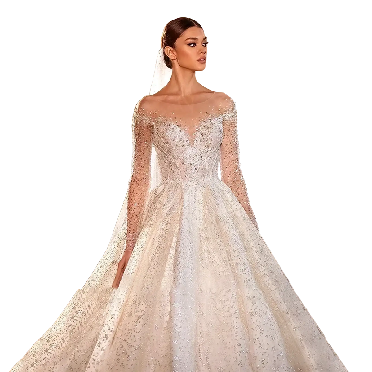 A sparkling ivory beaded ball gown wedding dress with long sheer sleeves and a fitted bodice adorned with intricate beading