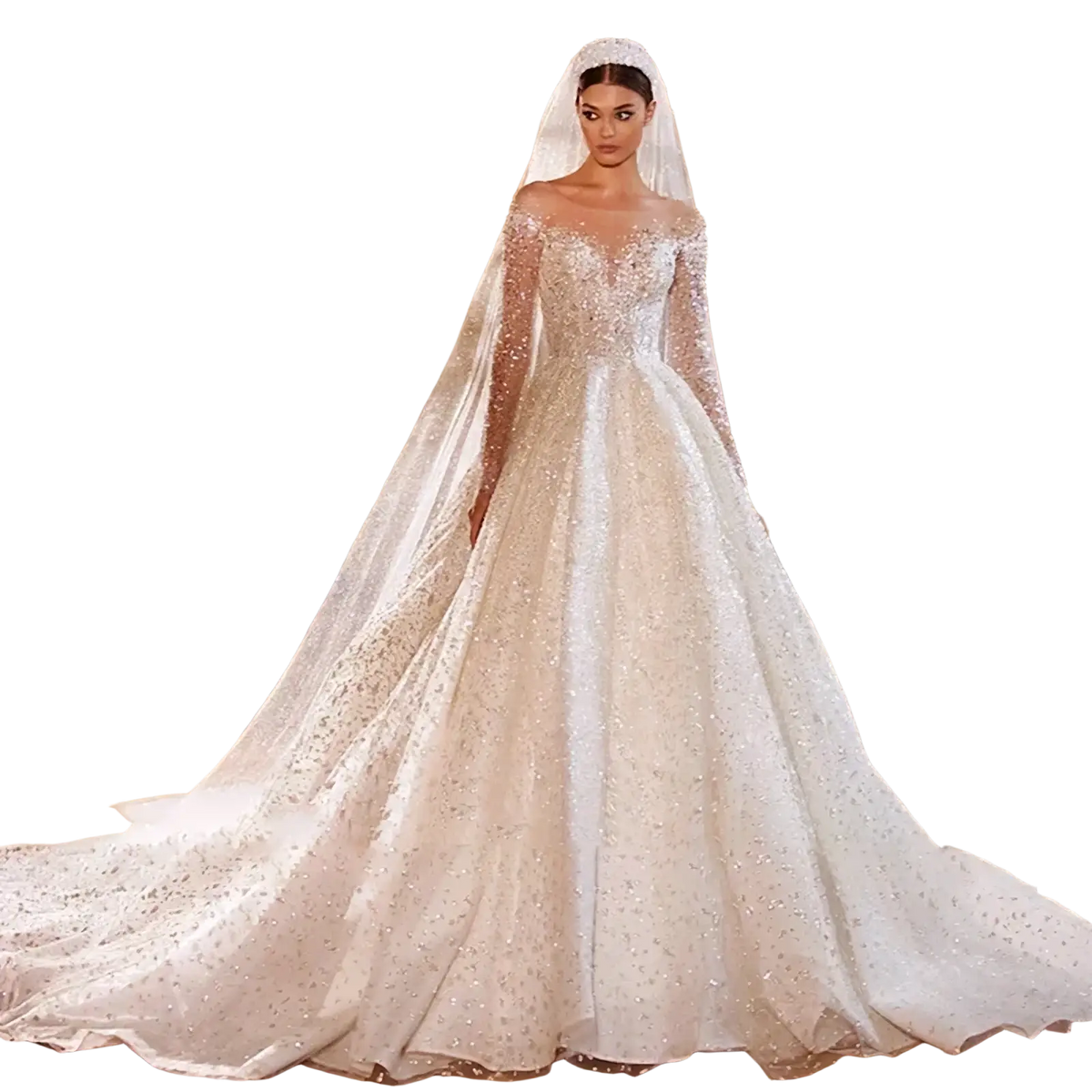A beaded ball gown wedding dress in sparkling ivory with long sheer sleeves and a flowing train