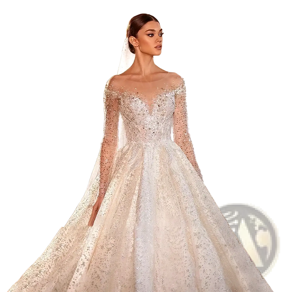 A sparkling ivory beaded ball gown wedding dress with long sheer sleeves and a fitted bodice adorned with intricate beading